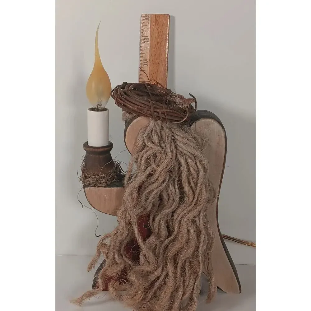 Angel Electric Candle Wooden Primitive Lamp Light Silicone Bulb Grapevine 9